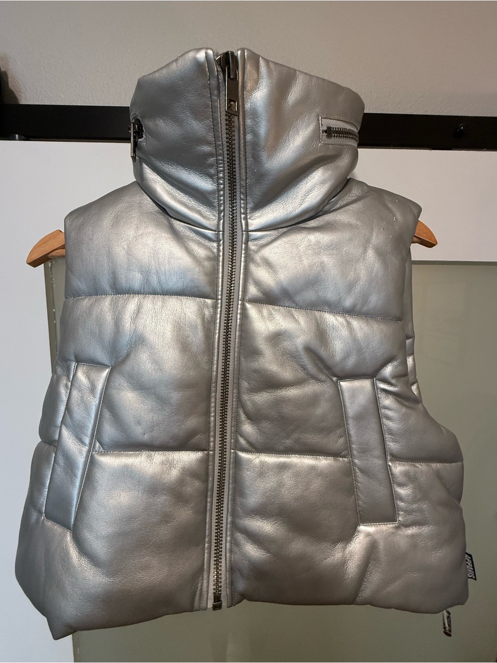 Apparis Metallic Silver Quilted Puffer Vest with High Collar